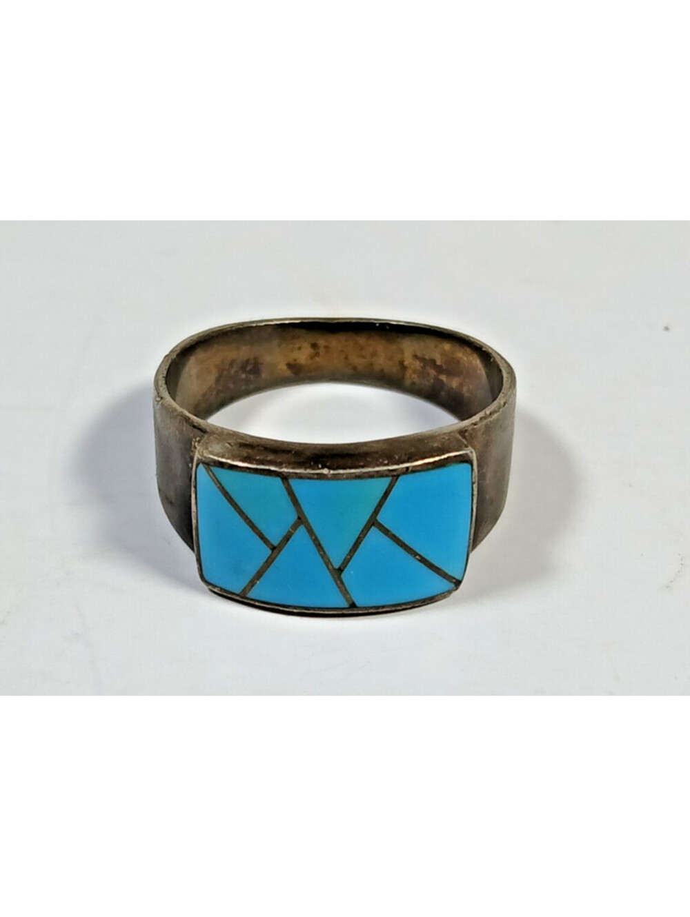 Vtg Turquoise Inlay S Silver Native American Ring Sz. 7.5 Hallmarked Jewelry